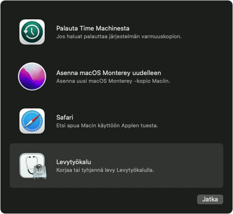 macOS:n palautustoiminnon Lisäapit-ikkuna, josta on valittu Levytyökalu