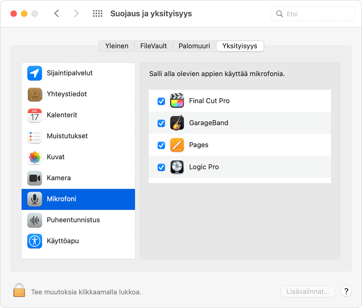 macOS:n Suojaus ja yksityisyys ‑asetusten Yksityisyys-välilehdeltä on valittuna Mikrofoni