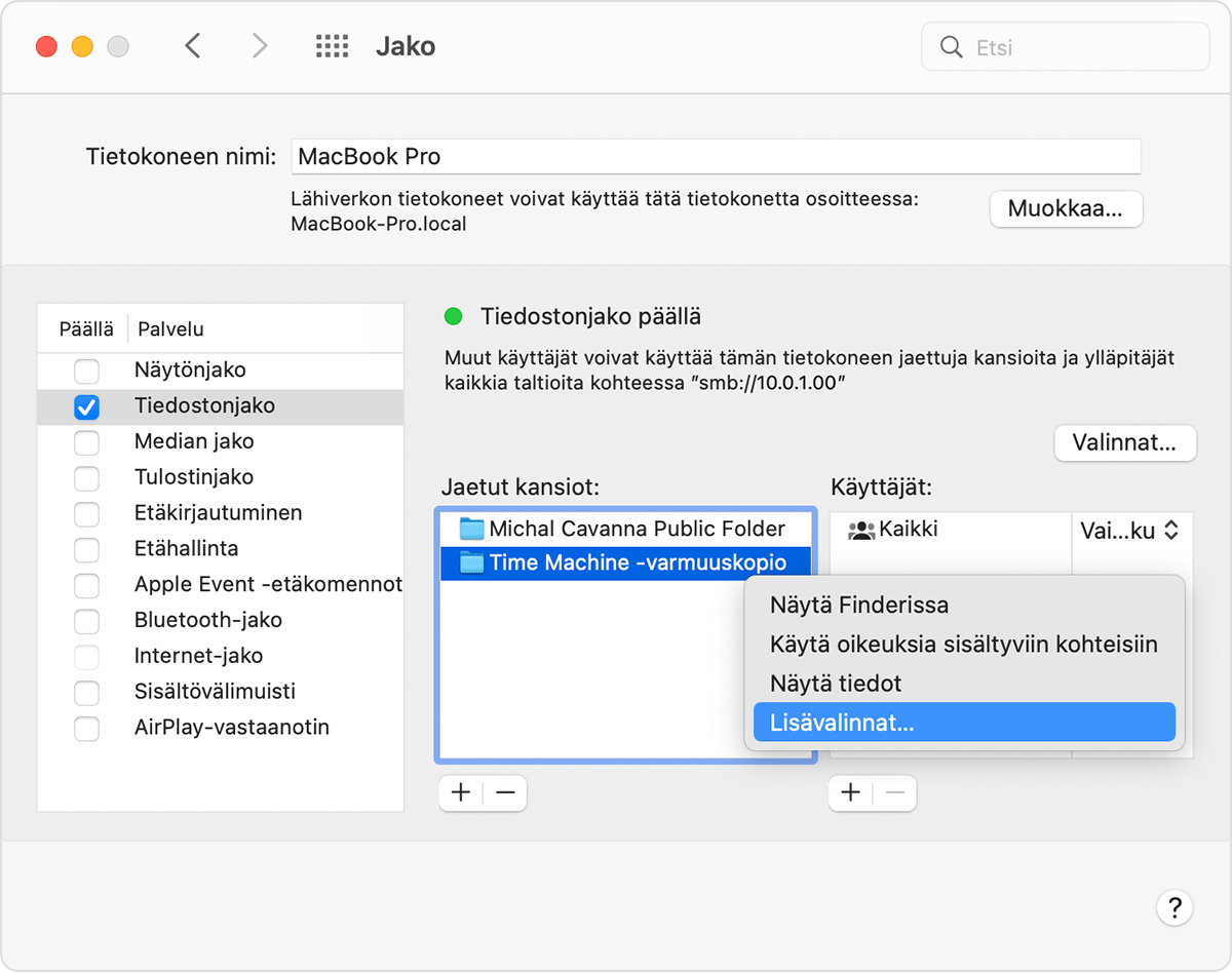 macOS:n Järjestelmäasetusten Jako-valikon Jaetut kansiot -luettelon valinnat