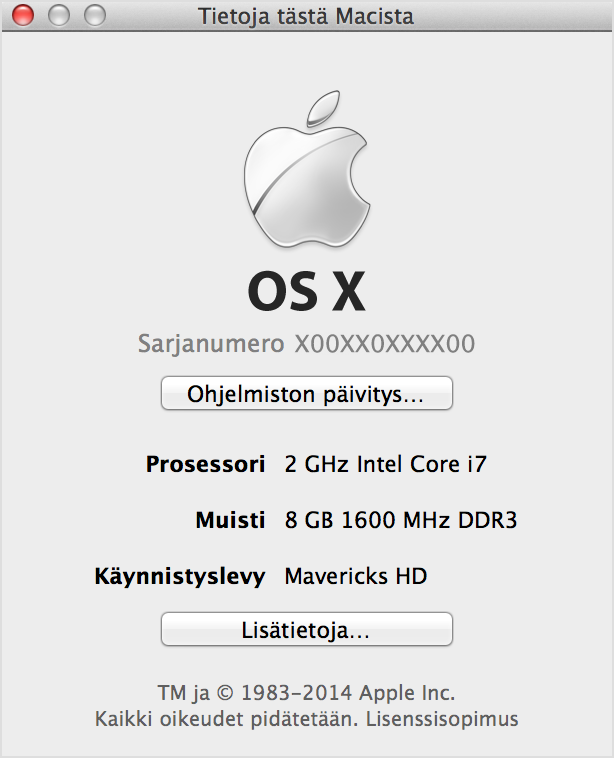 OS X Mavericksin Tietoja tästä Macista -ikkuna