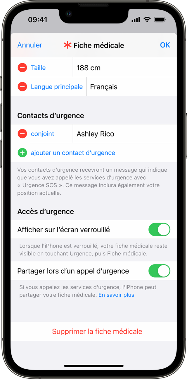 Un iPhone affichant l’écran des réglages de la Fiche médicale, où vous pouvez ajouter des contacts d’urgence.
