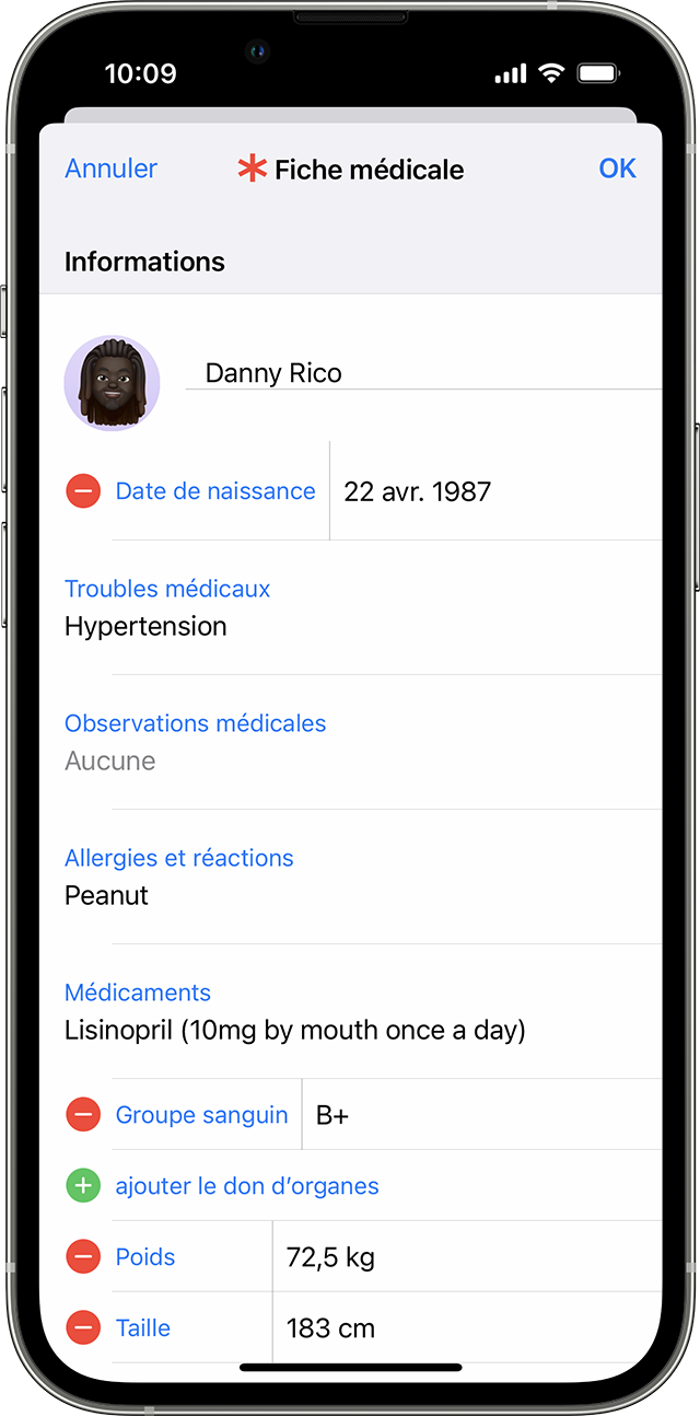 Un écran d’iPhone affichant les informations d’une fiche médicale