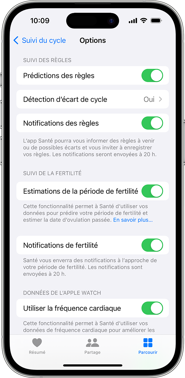 Options de suivi du cycle menstruel, et notifications de fertilité sur iPhone