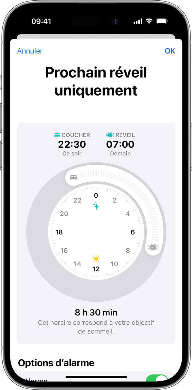Écran d’iPhone affichant les options de modification du prochain réveil uniquement