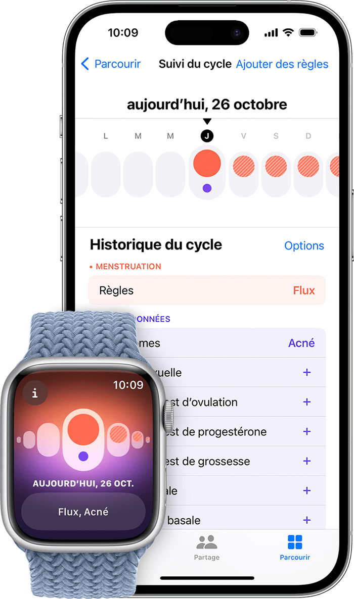 L’app Suivi du cycle sur Apple Watch et l’app Santé sur iPhone