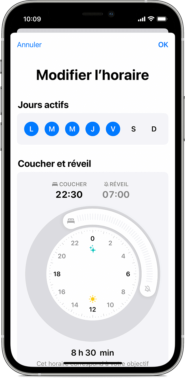 Un écran d’iPhone affichant les options permettant de modifier un horaire de sommeil complet