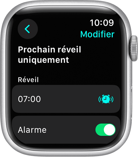Un écran Apple Watch affichant les options de modification du prochain réveil uniquement