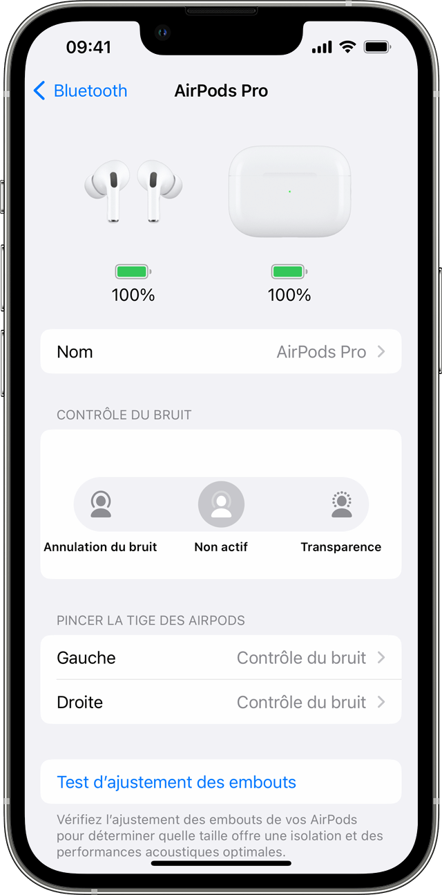 Réglages d’AirPods sur un iPhone 