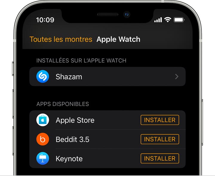 Écran d’iPhone affichant l’app Watch 