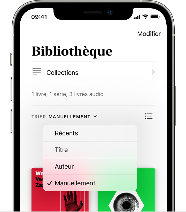 iPhone affichant la bibliothèque avec les options de tri, notamment Récents, Titre, Auteur et Manuellement.