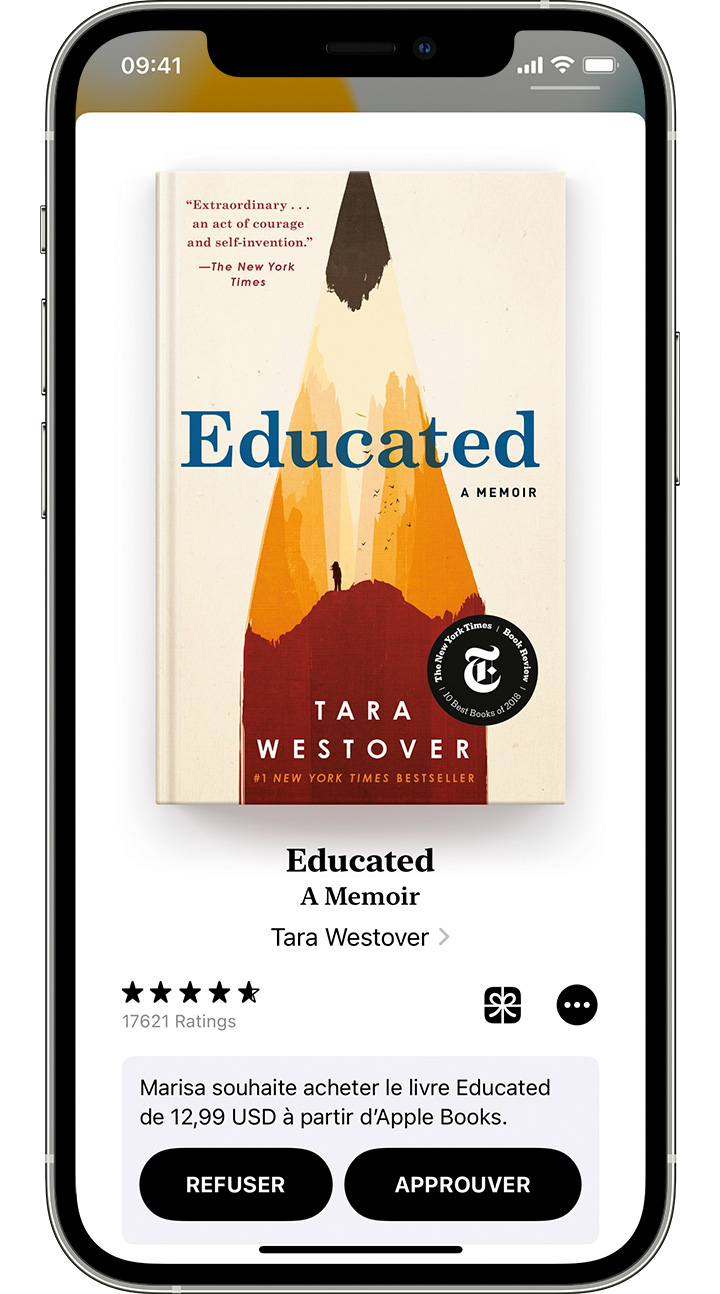 iPhone d’un parent montrant un bouton permettant d’approuver une demande d’achat d’un livre sur Apple Books, et un bouton permettant de refuser cette demande.