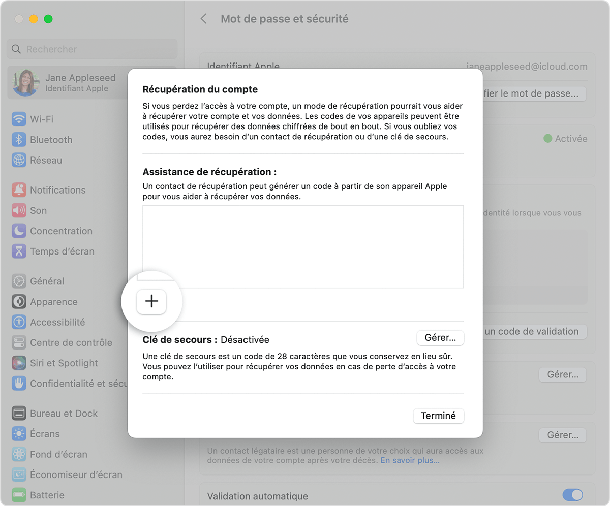 Sur Mac, ajoutez un contact de récupération de compte dans Réglages système