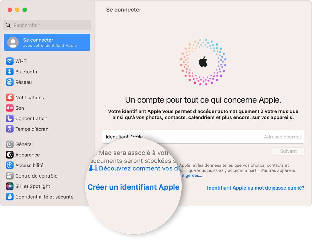 Sur un Mac, créez un identifiant Apple dans Réglages système