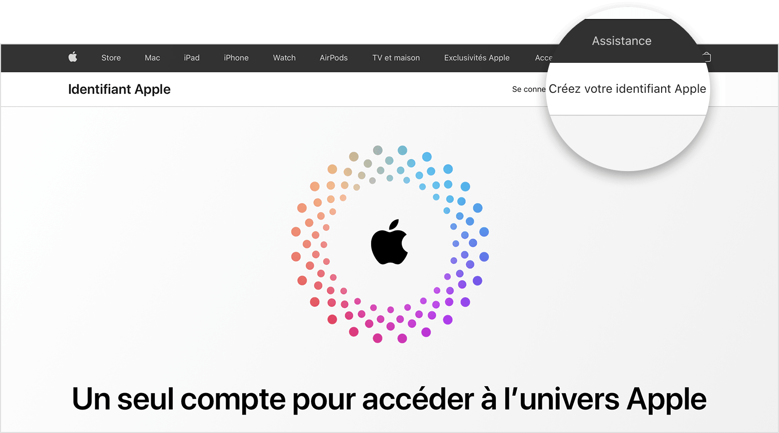 Capture d’écran du site appleid.apple.com avec un logo Apple en son centre entouré de cercles concentriques colorés.