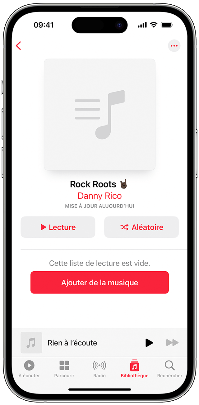 iPhone affichant l’écran de nouvelle liste de lecture et le bouton permettant d’ajouter de la musique