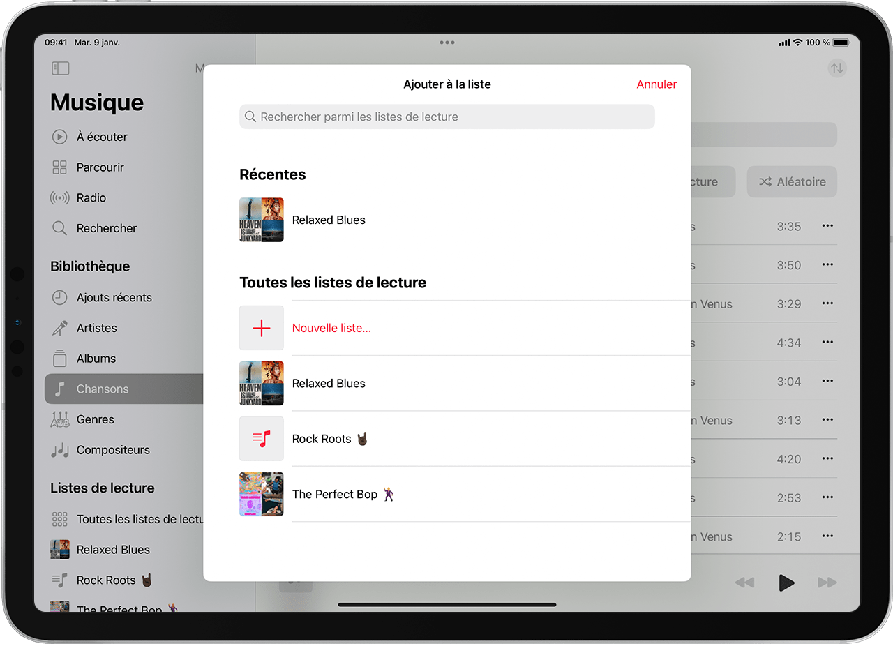 iPad affichant l’ajout de musique à une liste de lecture existante