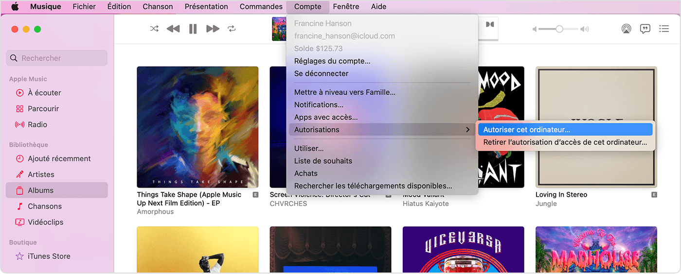 App Apple Music affichant le menu Compte, Autorisations et Autoriser cet ordinateur.