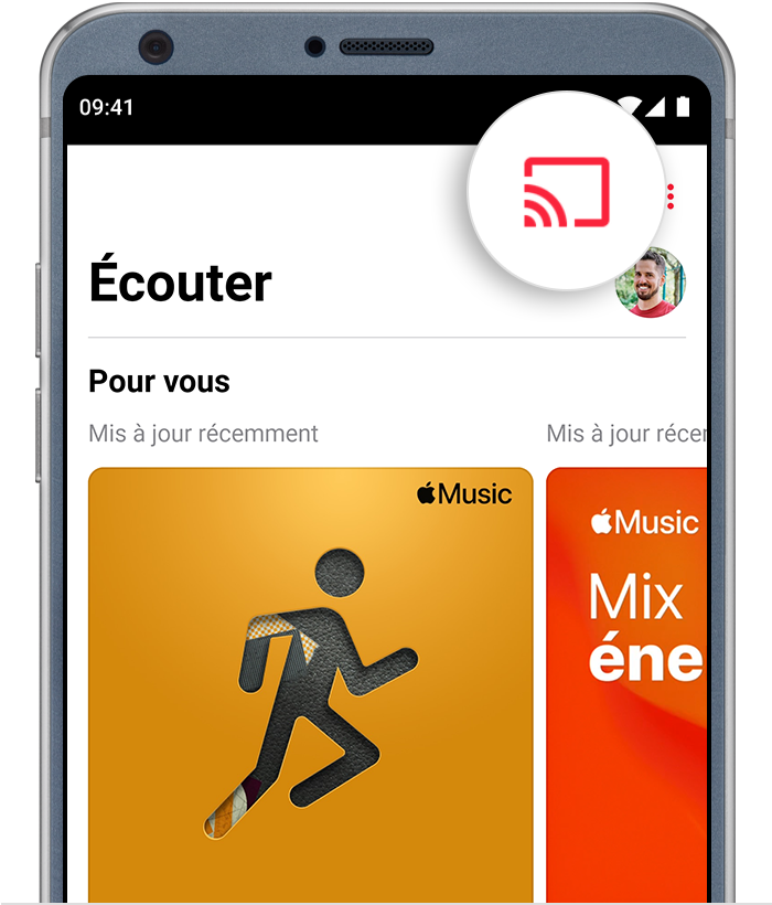 Téléphone Android montrant le bouton Diffuser dans le haut de l’app Apple Music
