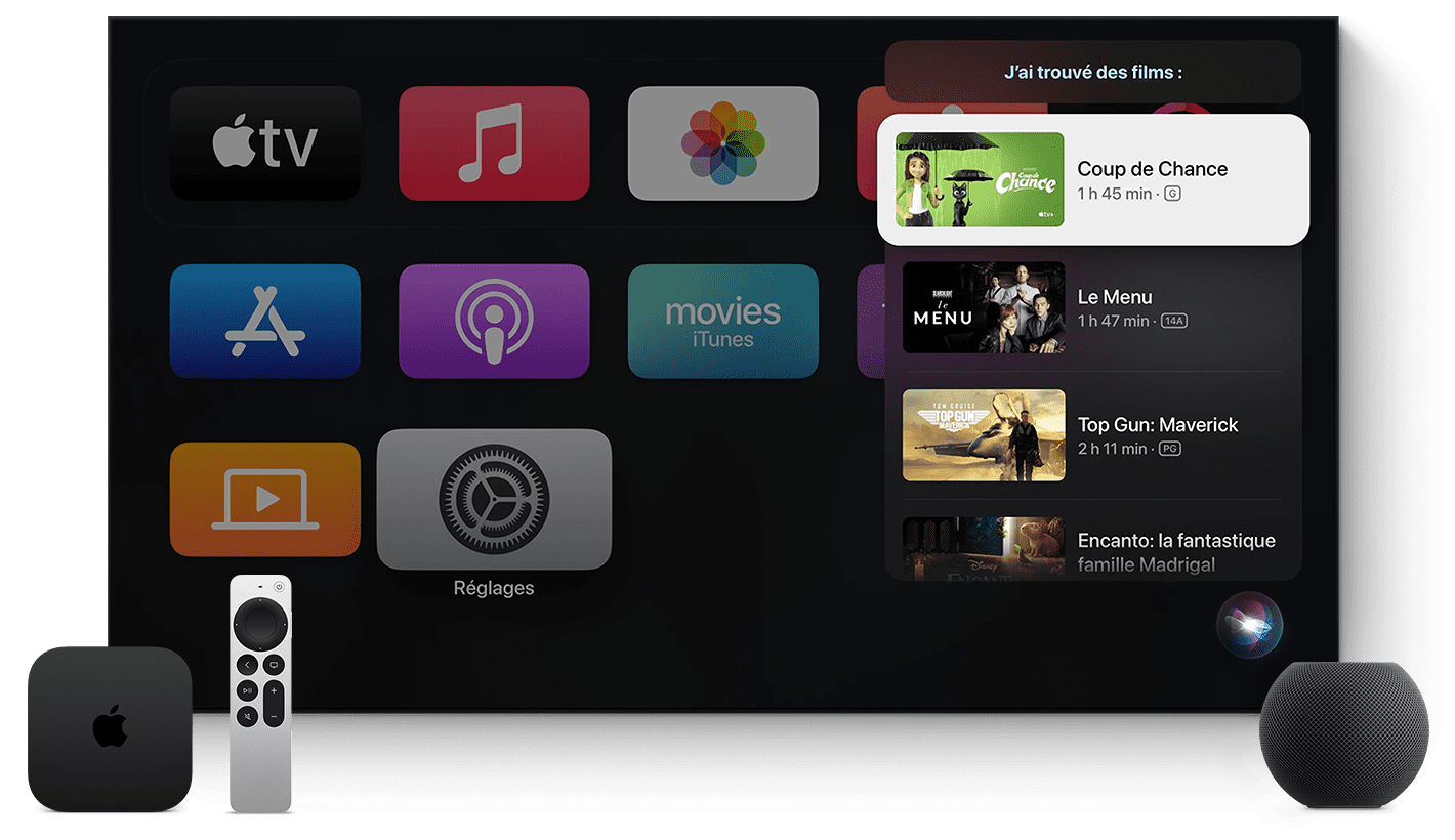 Image de l’écran d’accueil d’Apple TV+ avec Apple TV et HomePod. 