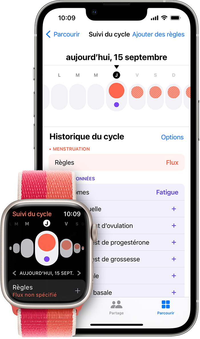 L’app Suivi du cycle sur Apple Watch et l’app Santé sur iPhone