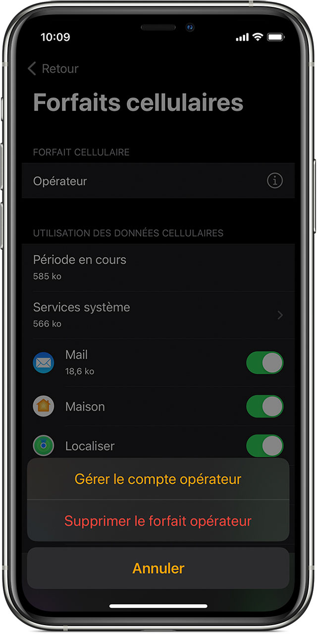 iPhone affichant l’écran Cellulaire dans l’app Watch