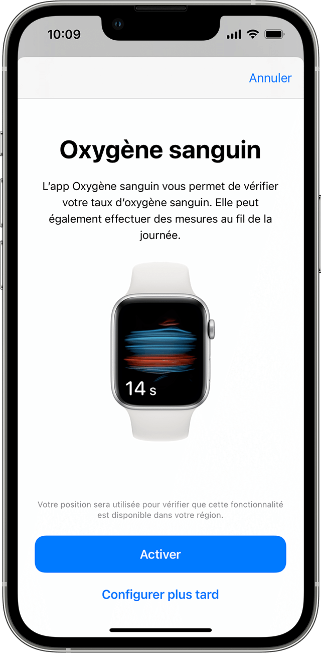 iPhone affichant l’écran de configuration initiale de l’app Oxygène sanguin