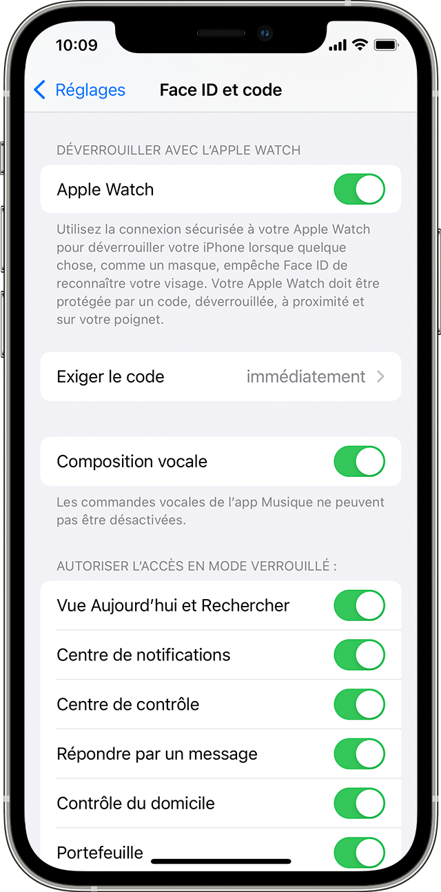 Capture d’écran iOS montrant les options de réglage Face ID et Code.