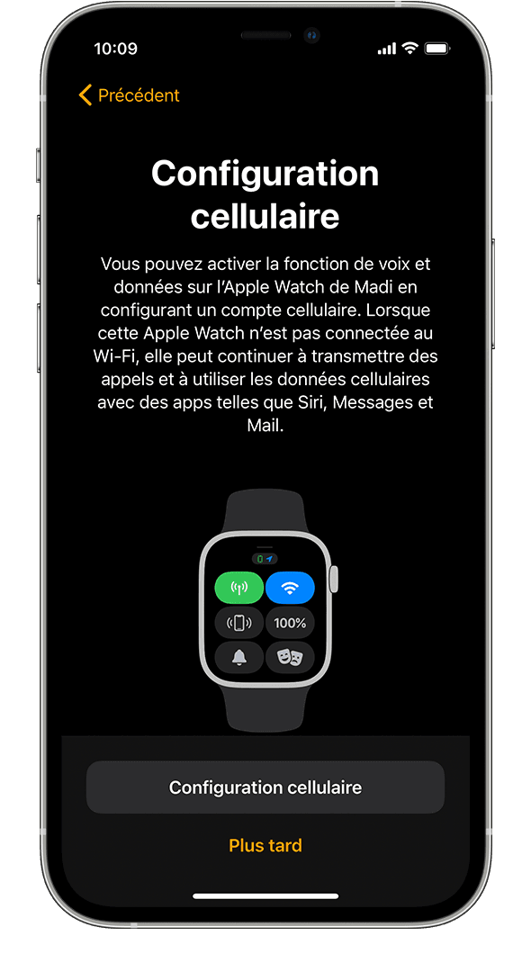 L’écran Configuration cellulaire lors de la configuration d’Apple Watch sur un iPhone.