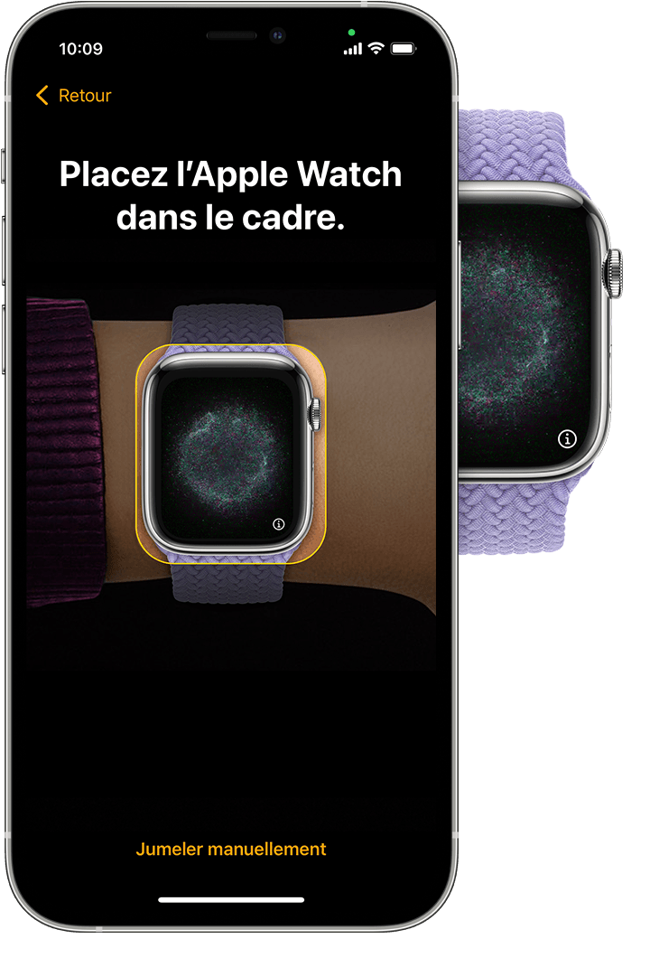 Un écran d’iPhone qui montre comment positionner votre Apple Watch au centre du viseur de votre iPhone.