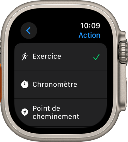 Apple Watch Ultra affichant l’écran Action et divers réglages