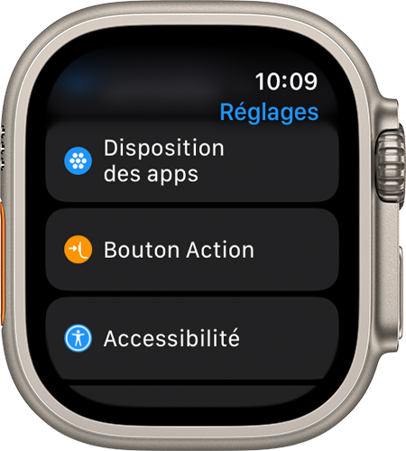 Apple Watch Ultra affichant l’app Réglages