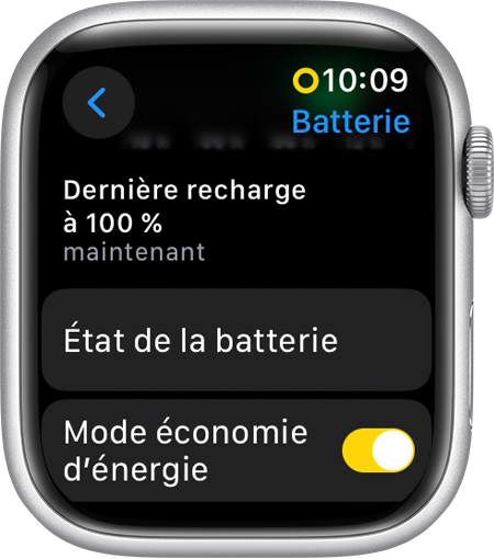 Apple Watch affichant le mode Économie d’énergie dans Réglages
