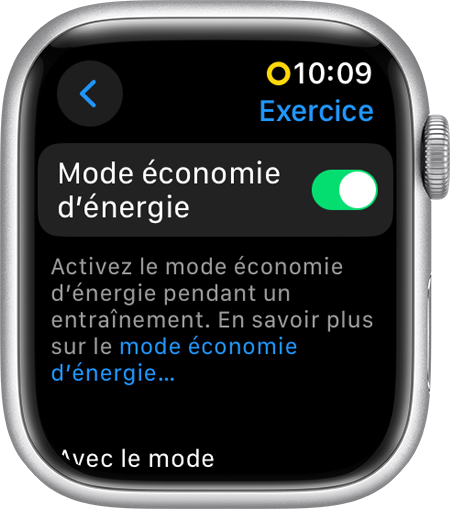 Apple Watch affichant le mode Économie d’énergie dans les réglages Exercice