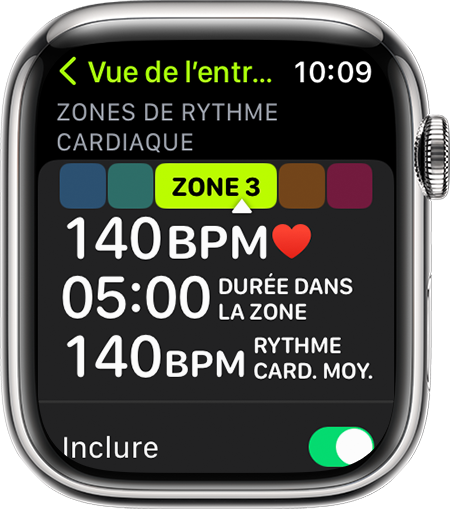 Une Apple Watch montrant l’indicateur Zone de fréquence cardiaque durant une course.