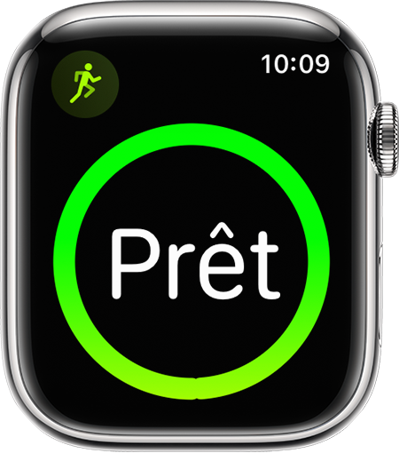 Une Apple Watch montrant le début d’un entraînement de course.