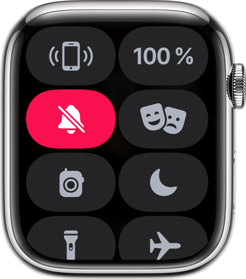 Apple&nbsp;Watch affichant le bouton Mode silencieux dans le centre de contrôle