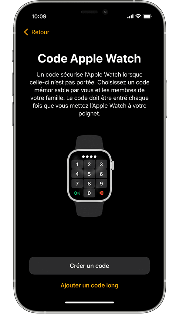 L’écran de configuration du code d’accès d’Apple Watch sur un iPhone.