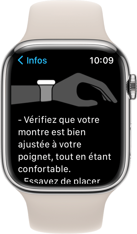 Capture d’écran d’une Apple Watch Series 7 affichant comment porter la montre pour obtenir les meilleurs résultats