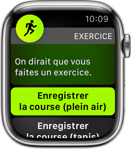 Une notification vous invitant à démarrer un entraînement Course (int.) sur Apple Watch.