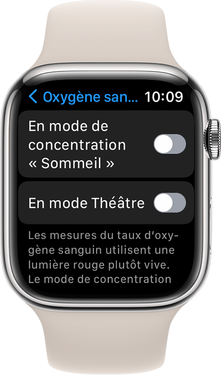 Capture d’écran des réglages de l’app Oxygène sangin sur une Apple Watch Series 7