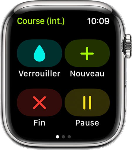 Les options Verrouiller, Nouveau, Fin et Pause lors d’un entraînement Course (int.) sur Apple Watch.