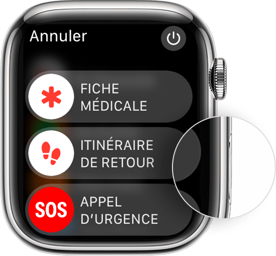 Apple Watch indiquant où se trouve le bouton latéral ainsi que le curseur Éteindre.