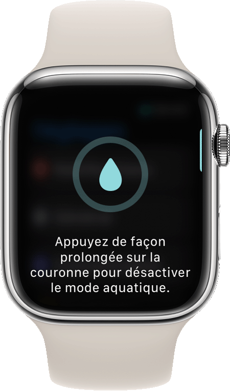 Invite de désactivation du mode aquatique sur l’écran de l’Apple Watch