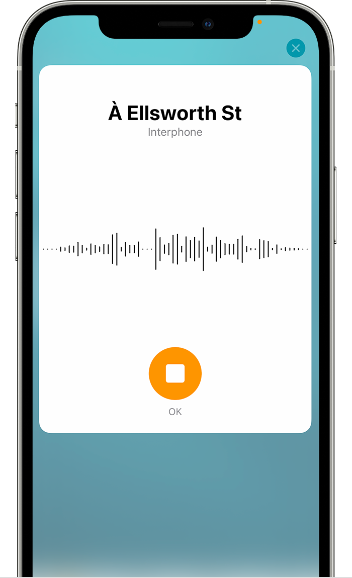 Une capture d’écran d’iOS montre l’écran d’enregistrement d’un message d’interphone.