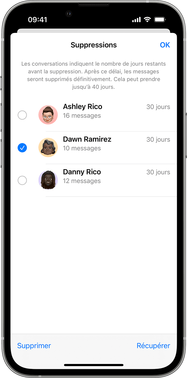 Dans la page Récemment supprimés dans Messages, sélectionnez la conversation qui inclut les messages que vous souhaitez récupérer.