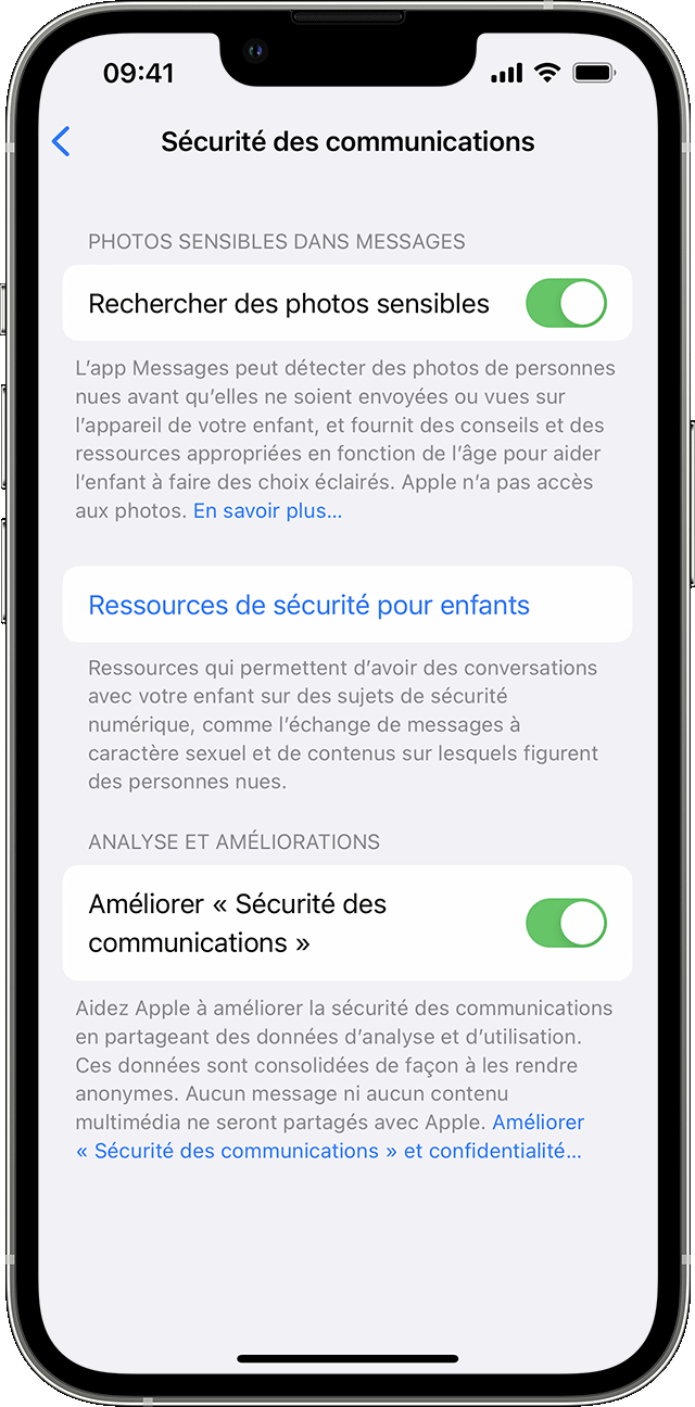Les options de sécurité des communications dans Réglages sous iOS 16.