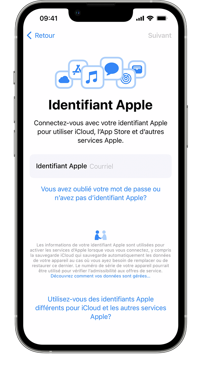 Un nouvel iPhone avec l’écran Identifiant Apple, où vous pouvez vous connecter à l’aide de votre identifiant Apple et mot de passe.