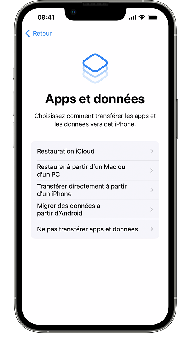 Un nouvel iPhone avec l’écran Apps et données, où vous pouvez choisir la façon dont vous voulez transférer vos données vers cet appareil.
