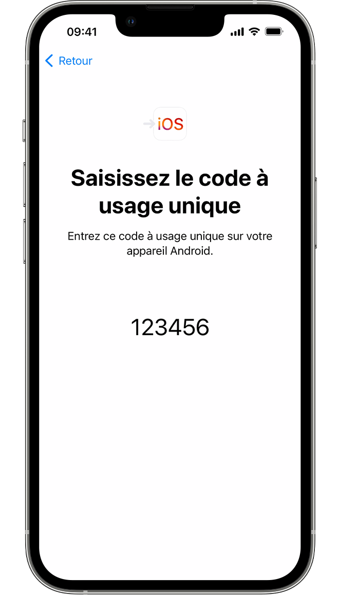 Nouvel iPhone affichant un code à usage unique à saisir sur votre appareil Android.