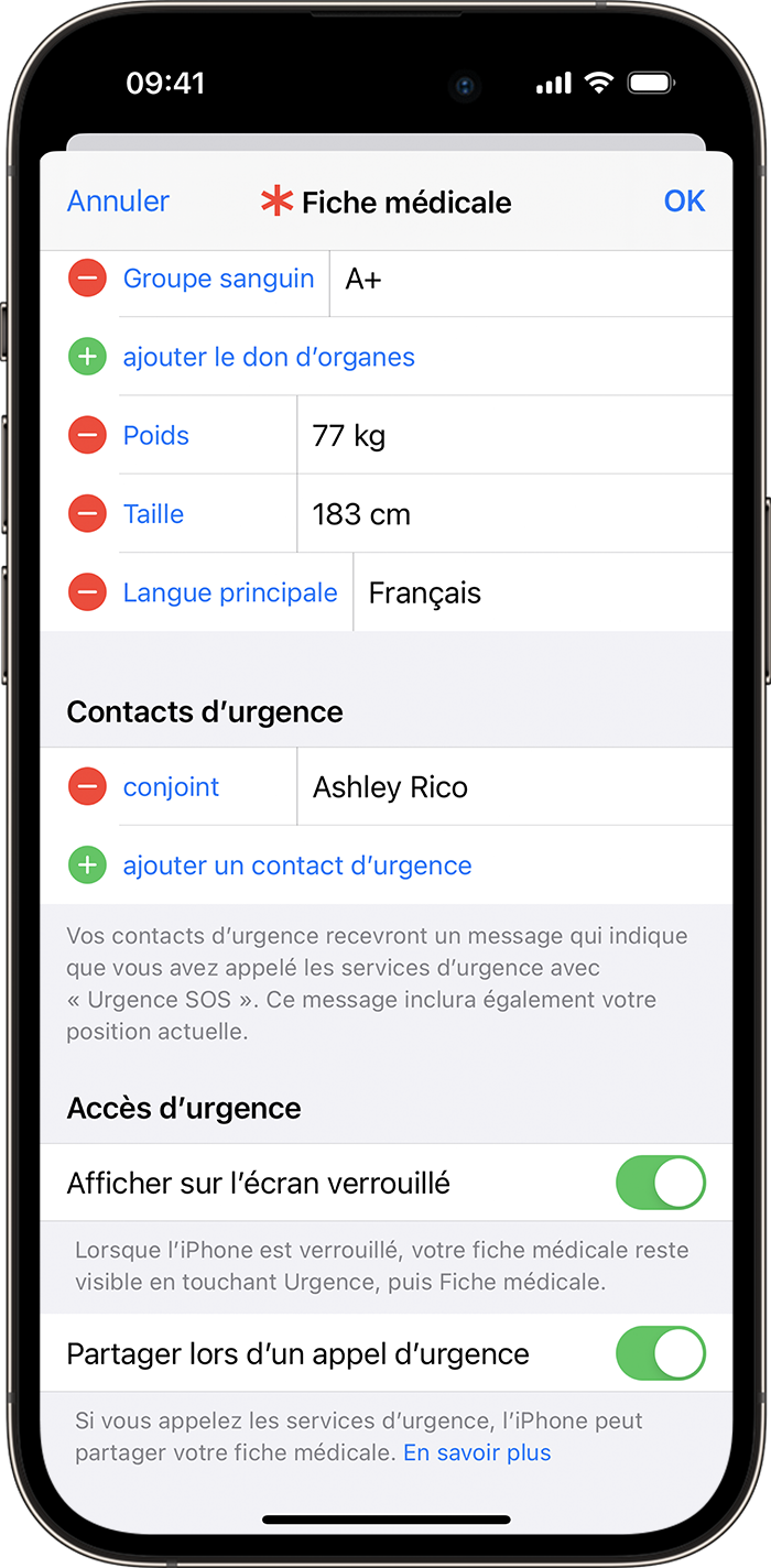 Di aplikasi kesehatan, Anda dapat menambahkan kontak darurat ke lembar medis Anda sehingga ponsel Anda dapat secara otomatis menghubungi orang dalam keadaan darurat